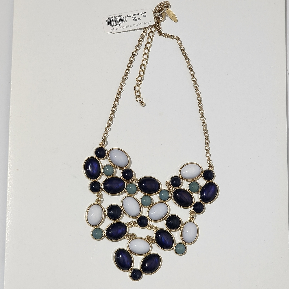 Goldtone Shades of Blue Plastic Bead Statement Necklace